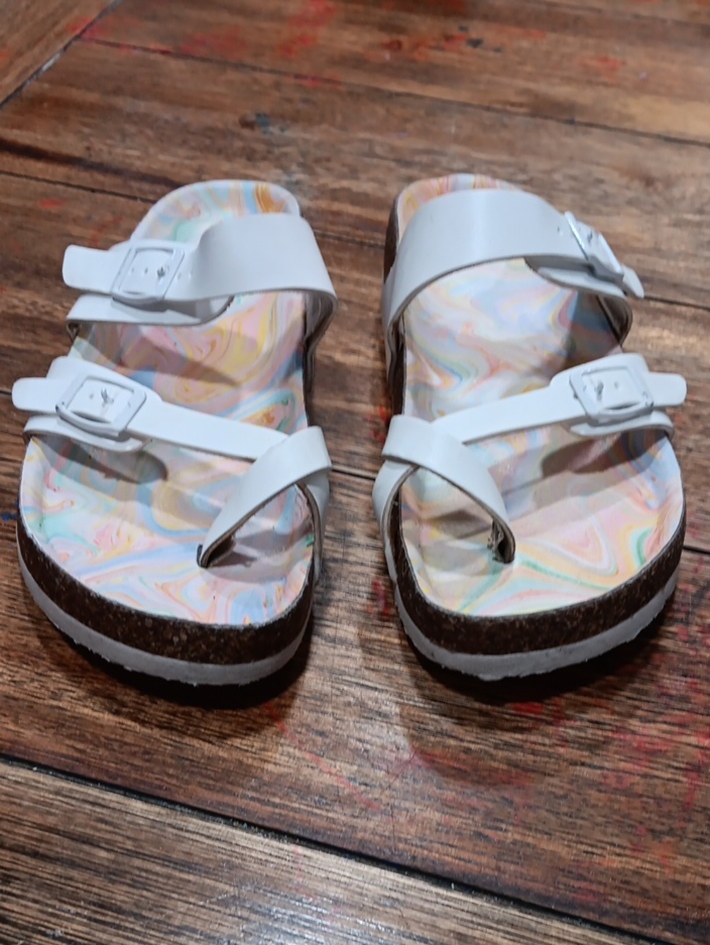 Wondernation White Double Strap Cork Sandals with Pastel Marble Footbed